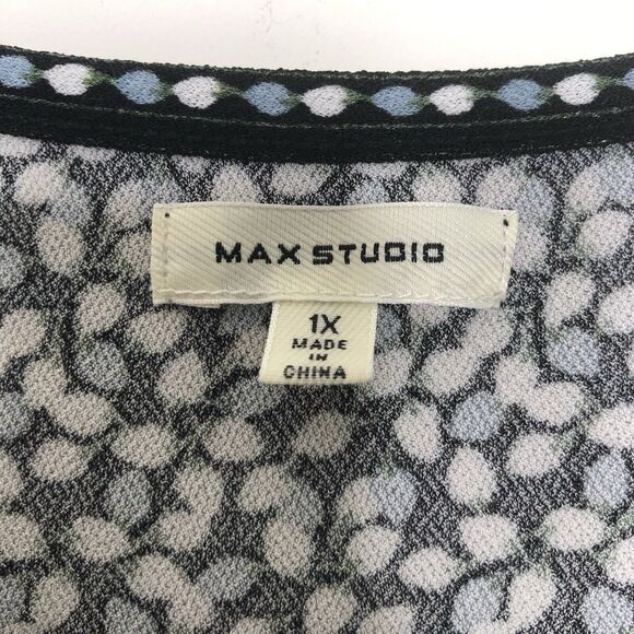 Max Studio Blue Black White Floral Stretchy Flowy 3/4 Tie Sleeve Tunic size 1X - Picture 9 of 10
